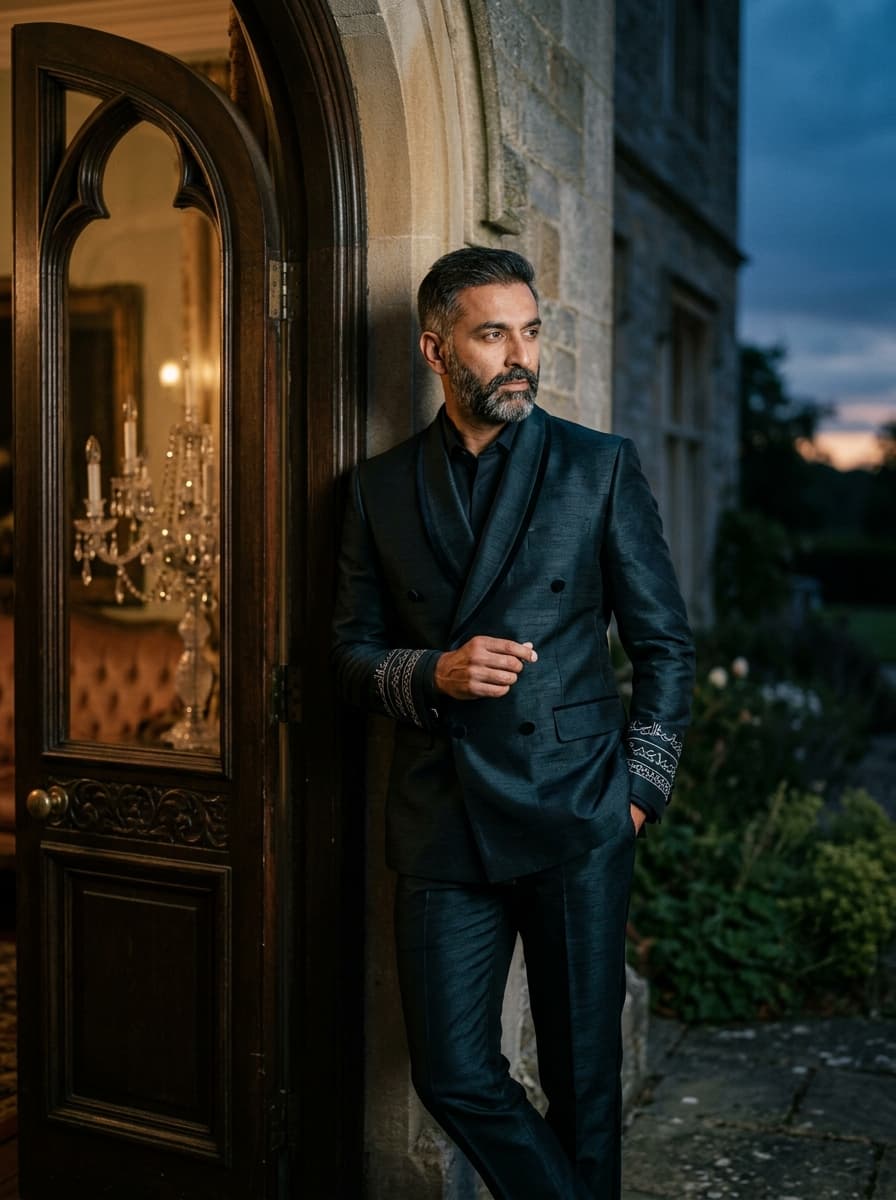 Midnight Emerald Silk & Velvet Gala Suit