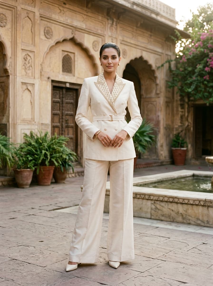Ivory Zardozi Raw Silk Pant Suit
