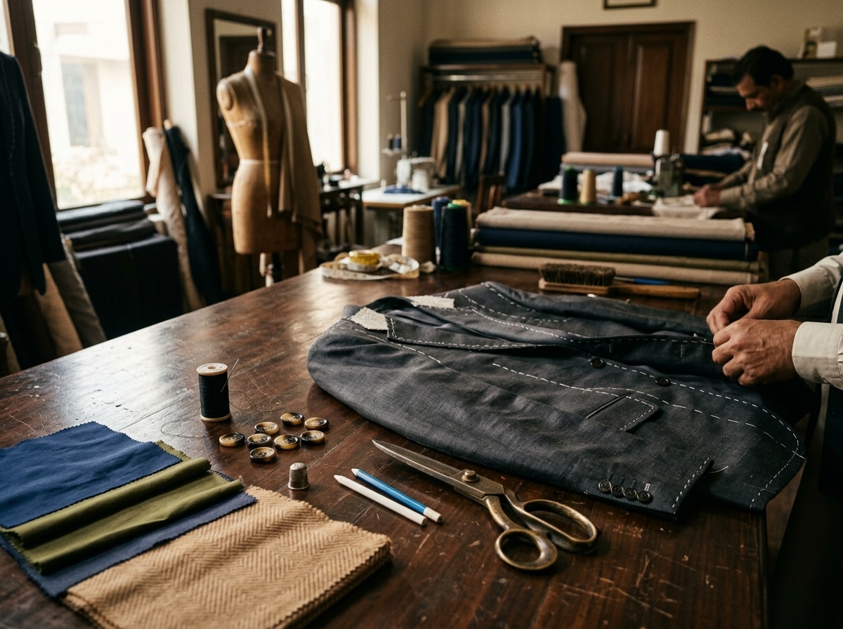 Master tailor workbench in Lahore atelier showing basted suit jacket, brass shears, and handloom swatches