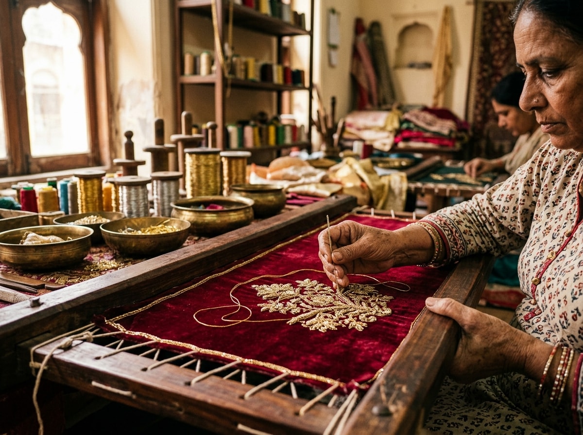 A master artisan hand-embroidering gold Zardozi on crimson silk in a Lahore atelier