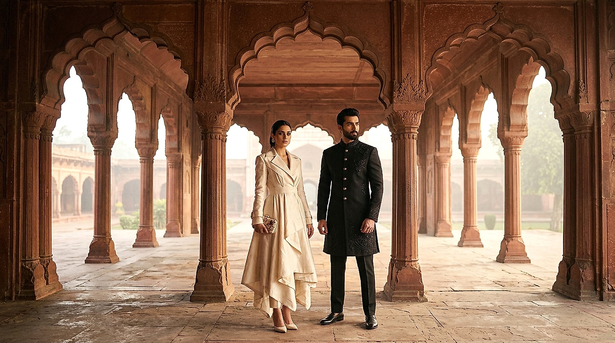NAVA SS26 campaign — three models in raw silk, bandgala and organza