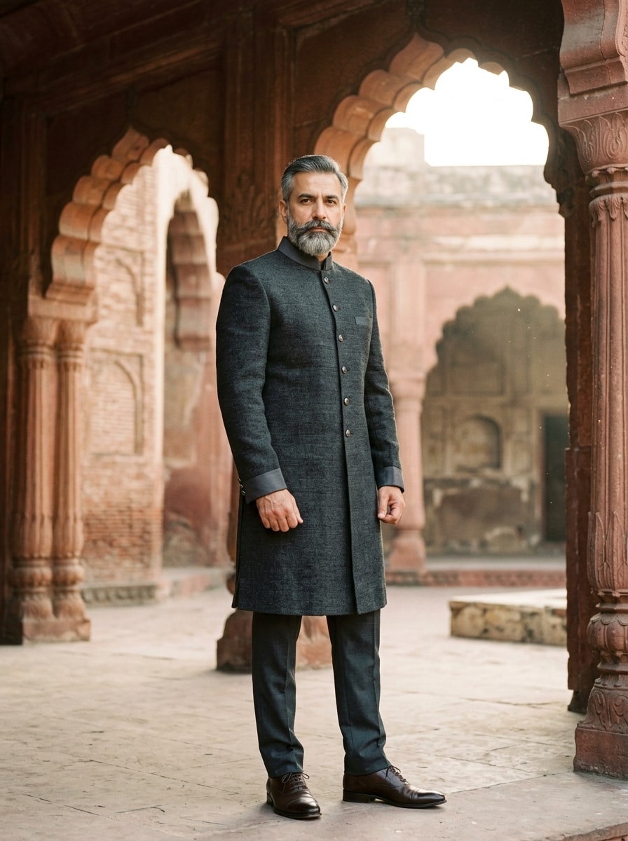 Full silhouette of Architectural Charcoal Sherwani in Midnight Charcoal