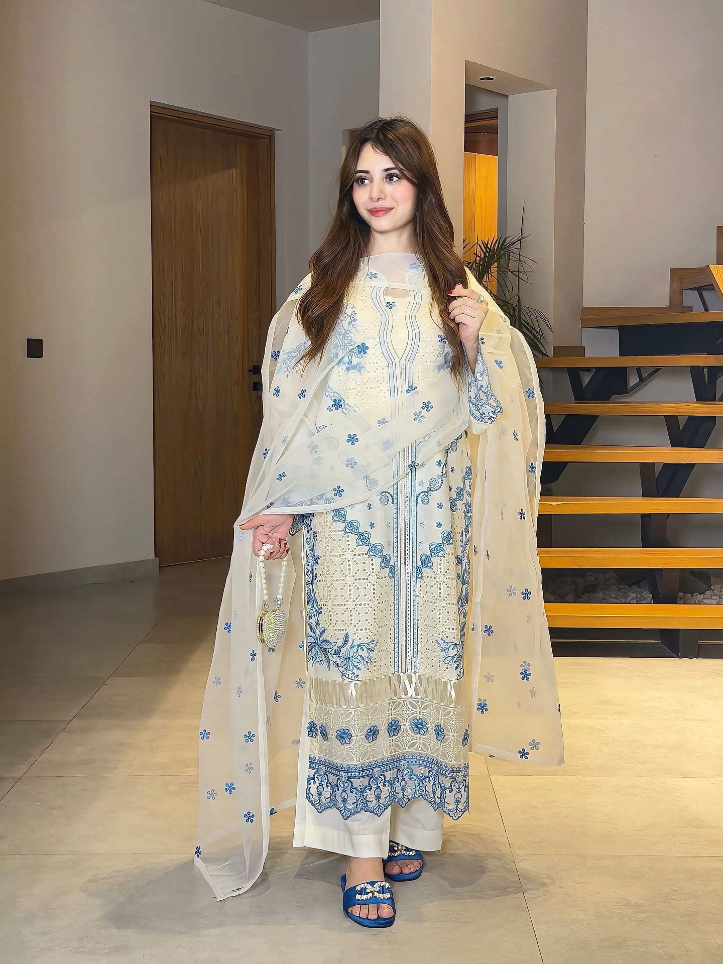 Nayaab Ivory Schiffli Suit with Porcelain Blue Embroidery