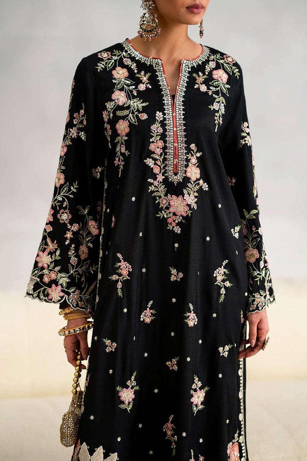 Zartasha Botanical Silk Kaftan in Midnight Noir